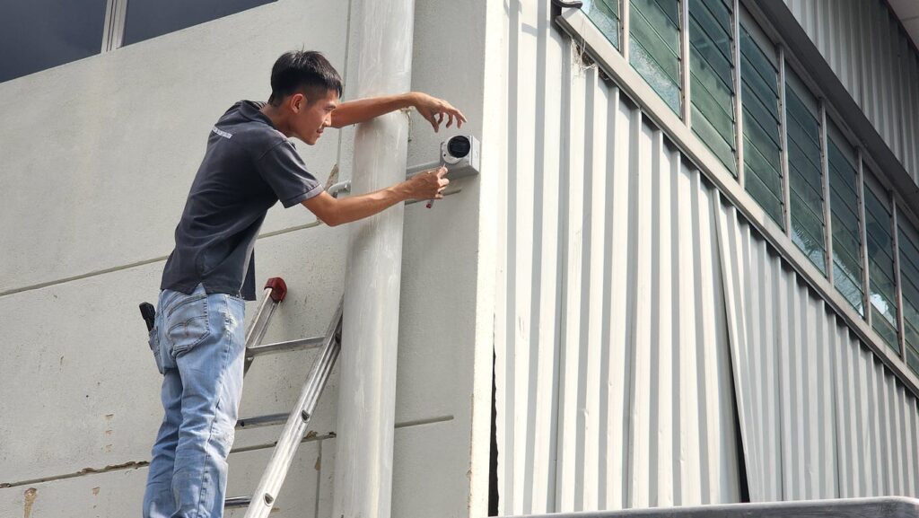 CCTV installation in Qatar by professional technician on commercial building exterior.