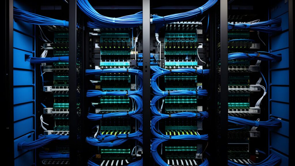 Structured cabling in Qatar featuring organized blue network cables in a modern server rack.