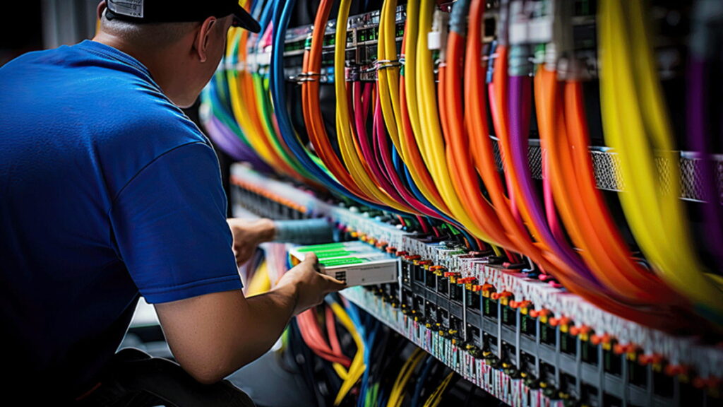 A technician organizing vibrant network cables in a data center, showcasing professional structured cabling in Qatar for high‑performance connectivity and efficient infrastructure management.