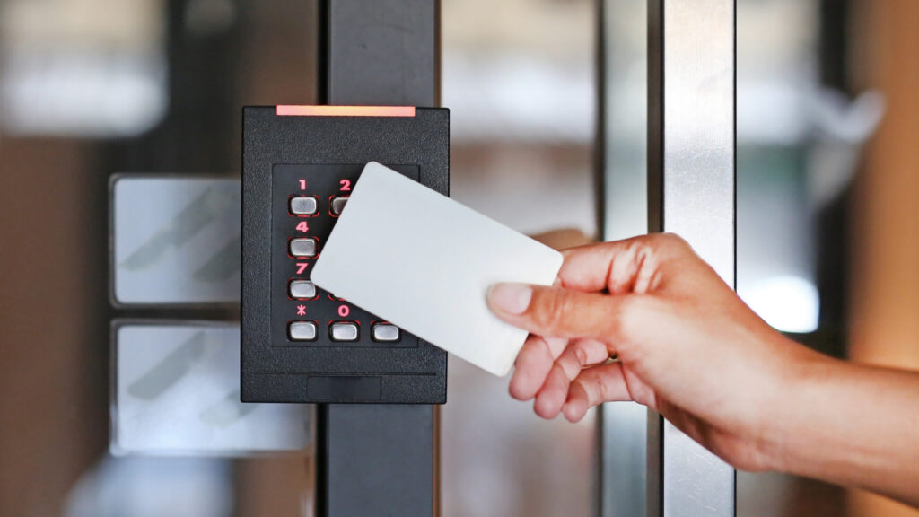Access control system with RFID key card entry for secure office building access and modern commercial security management.